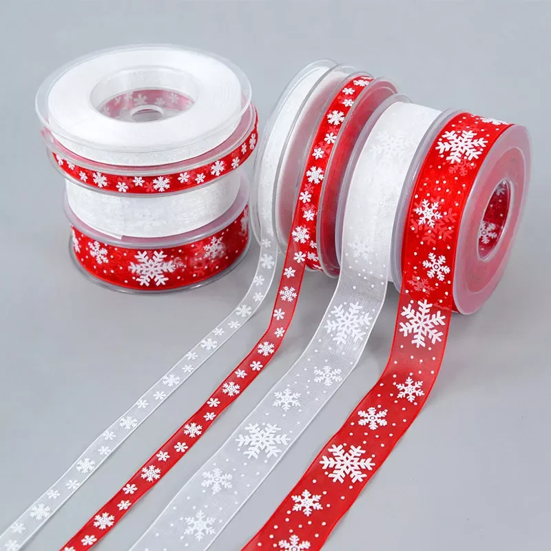 

5/20m 1/2.5cm Width Christmas Snowflake Organza Ribbon Handmade Gift Wrapping Ribbons DIY Xmas Wedding Decoration Party Supplies