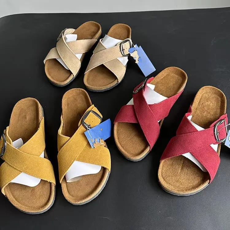 New Summer Women's Cow Suede Leather Cork Sandals Two Buckle Flats Sandals Women Retro Roma Style Fashion Slides Women