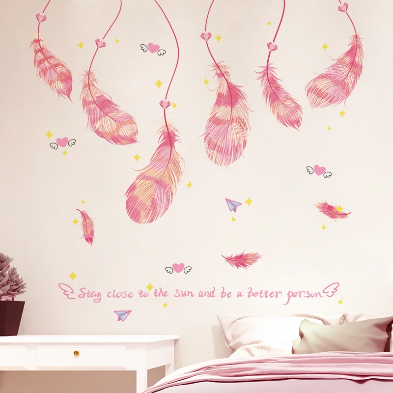 Настенные Стикеры с розовыми перьями мультяшный Декор сделай сам для детской