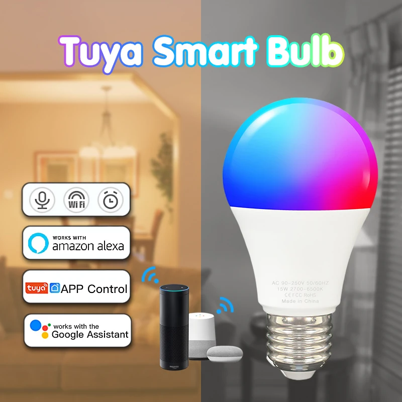 

Tuya WiFi E27 B22 Smart Dimmable Bulb RGBCW 100-240V LED Light Smart Life App Control Support Alexa Google Home Alice