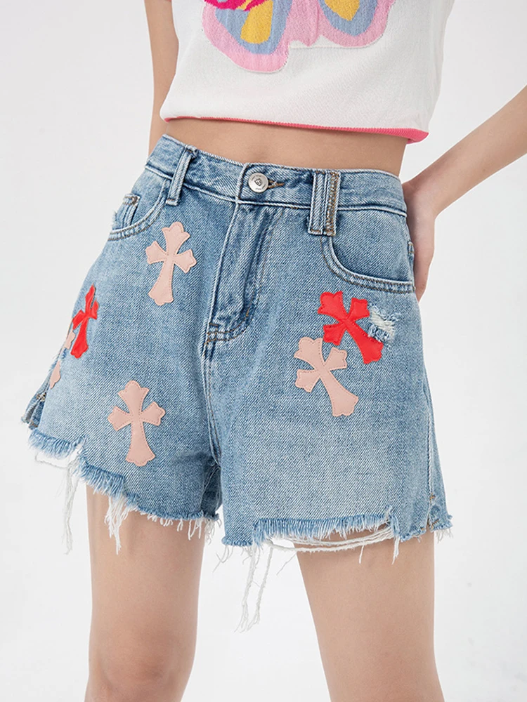 Женские джинсовые шорты с принтом модные рваные высокой талией в Корейском стиле