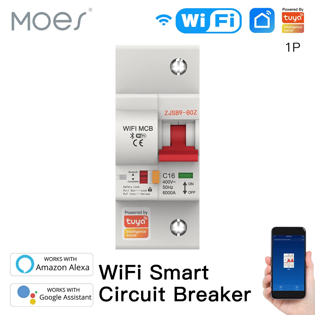 

Smart WiFi Circuit Breaker IoT Air Switch Overload Short Circuit Surge Protection Smart Life/Tuya APP Voice Control Alexa Google