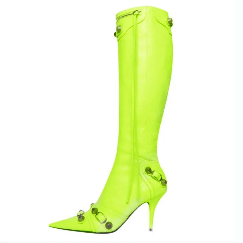 

Rivet Women's High Boots Pointed Toe Thin Heel Shoes For Woman Long Boots Sexy Party Fluorescent Green Women's Winter High Boots