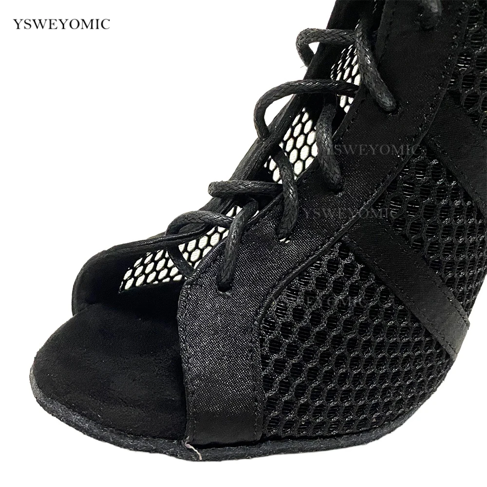 Open Front Dance Booties Satin Latin Dance Shoes Suit for narrow Foot Salsa Ballroom Dance Shoes 2022 Black Social Dance Shoes