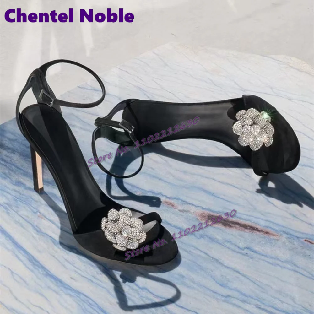

Rhinestone Flower Women Sandals Summer Round Toe Sexy Thin High Heels Fashion Elegant Women Shoes Party Dress All Match Stiletto