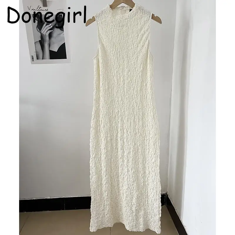 

Donegirl 2023 New Pleated Texture Sleeveless Dresses Women Solid Elegant Simple Fashion Midi Vest Dress Female Chic Elegant Slim