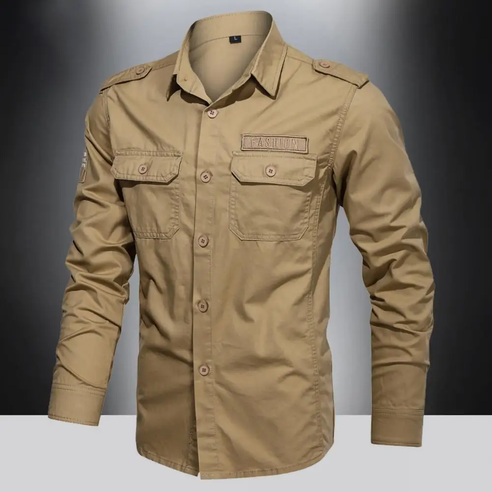 

M-6XL Cotton Men Shirt Flap Pocket Button Lapel Single-breasted Long Sleeve Solid Color Plus Size Autumn Cargo Shirts Camisas