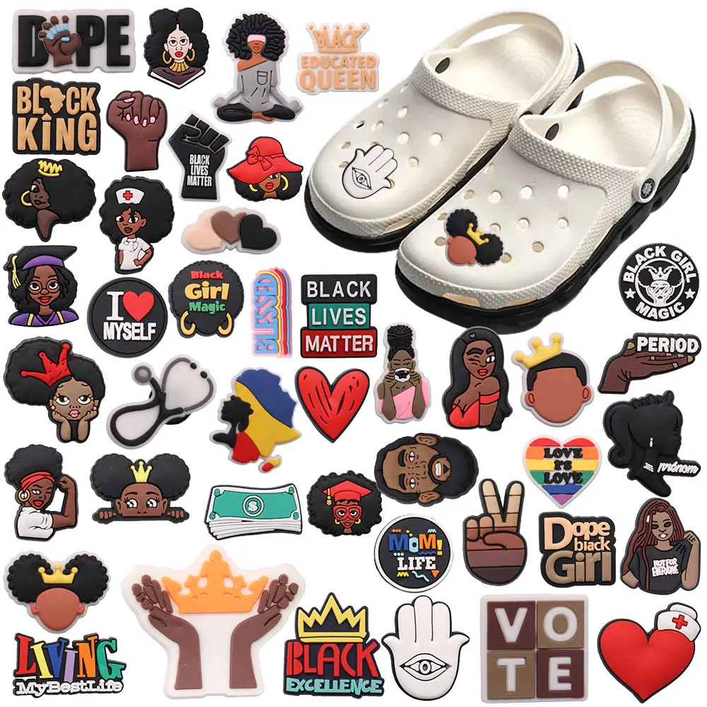 

Mix 50PCS PVC Croc Charms Educated Queen Black Lives Matter Money Heart Mom Living My Best Life Period Love Buckle Clog Kid Gift