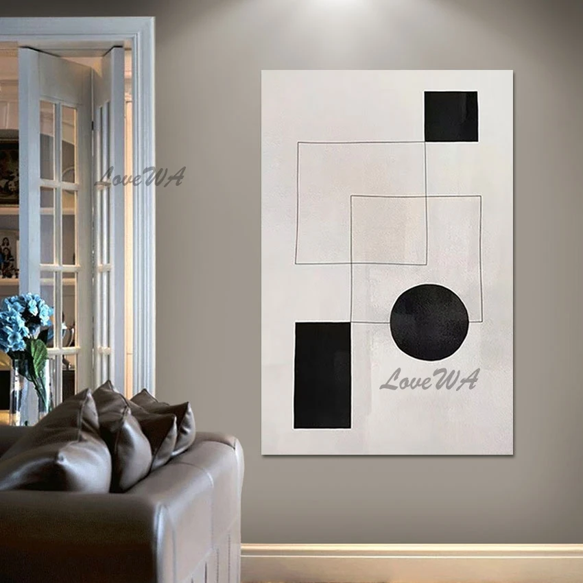 

Современная живопись маслом, Настенная картина без рамки, простое искусство, черная, белая геометрическая форма, дизайн, текстура, Абстракт...
