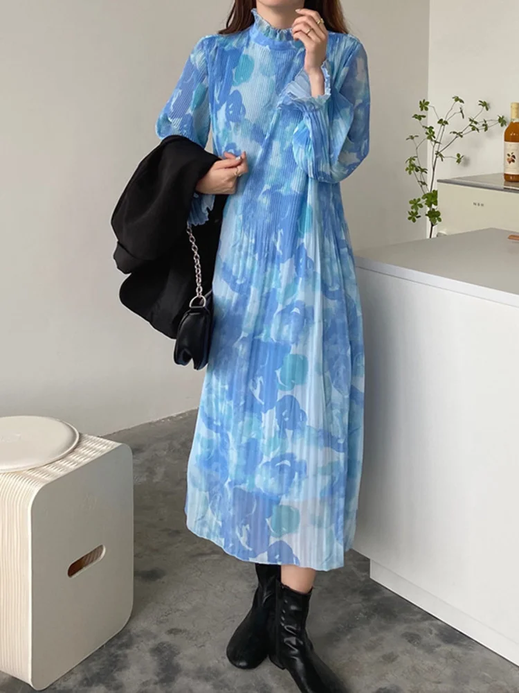 

Женское шифоновое платье макси, плиссированное праздничное платье с принтом, с воротником-стойкой и оборками, M518, весна-лето 2023