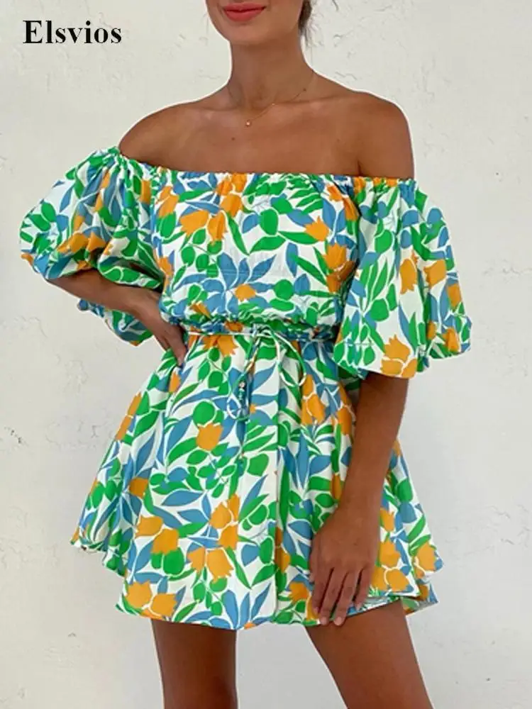 

Summer Sexy Off Shoulder Women Party Dress Fashion Print Lantern Sleeve Mini Dresses Elegant Slash Neck Loose Tie-up Beach Dress