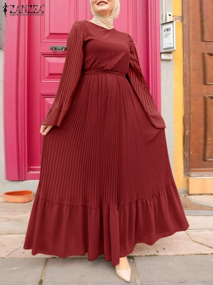 Весеннее праздничное платье, однотонное кружевное мусульманское платье ZANZEA, женское Повседневное платье с длинным рукавом-фонариком