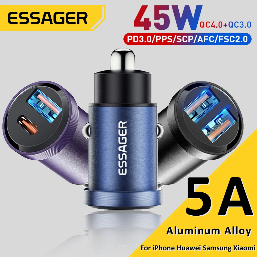 

Essager 45W USB Car Charger Quick Charge4.0 QC PD 3.0 SCP 5A USB Type C Car Fast Charging For iPhone 14 13 Huawei Samsung Xiaomi