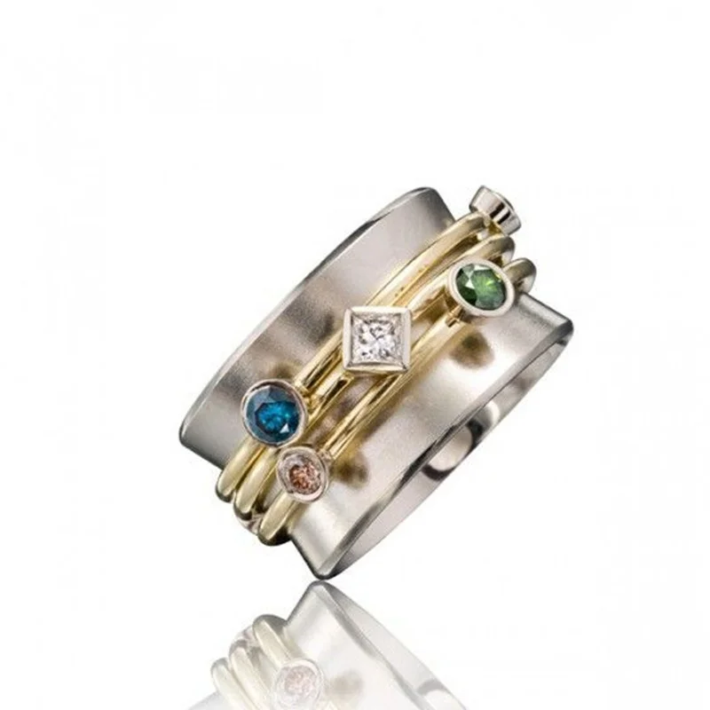 

Hot Sale Fashion Female Ring Gold Two-color Geometric Structure Inlaid Mixed Color Zirconia Women Ring European and American