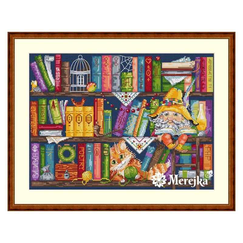 Набор для вышивки крестом Amishop: книжный шкаф Чизорий и котенок с узорами животных
