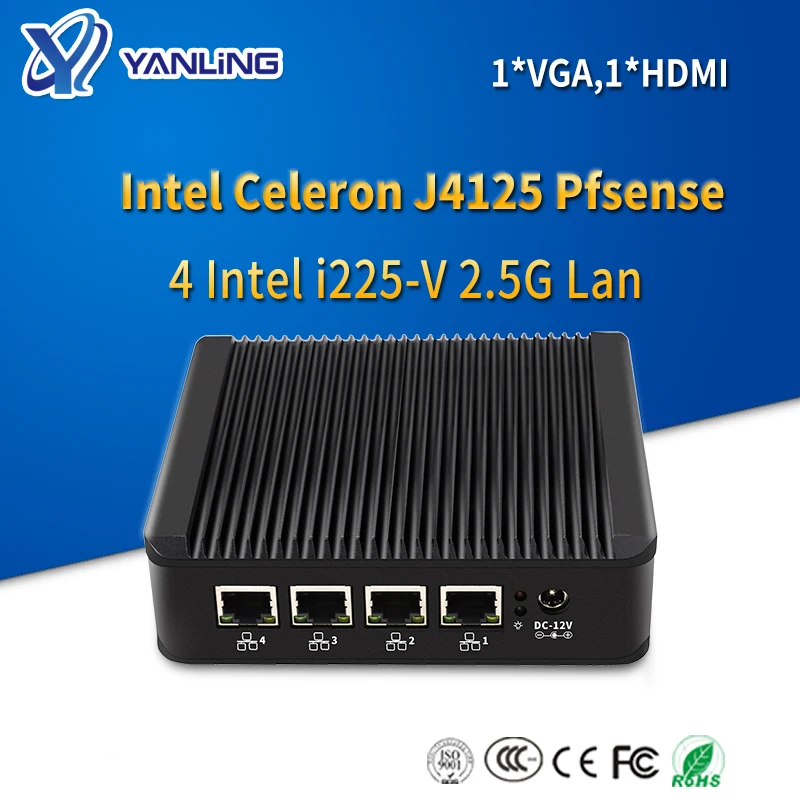 Yanling Fanless Mini PC j4125 Quad Core Mini Firewalls Router 4 Intel i225 2.5G Lan COM HD VGA Firewall Pfsense Appliance