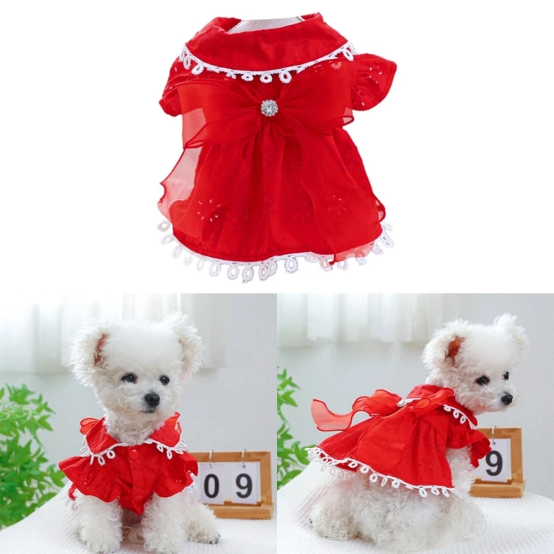 

Delicate Dog Birthday Dress Wedding Dress Girl Skirt Red Ruffle Lace Skirt
