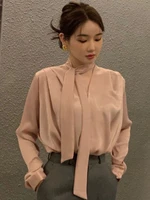f girls v neck ribbon shirts women spring office lady temperament top 2022 korean chic loose puff sleeve pleated solid blouse