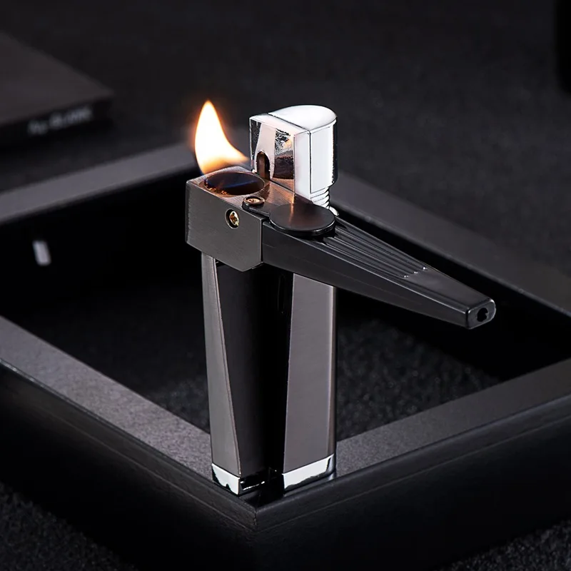 

Metal Butane Gas Lighter Retro Creative Pipe Integrated Press Ignition Oblique Fire Pipe Special Smoking Accessories Gadgets