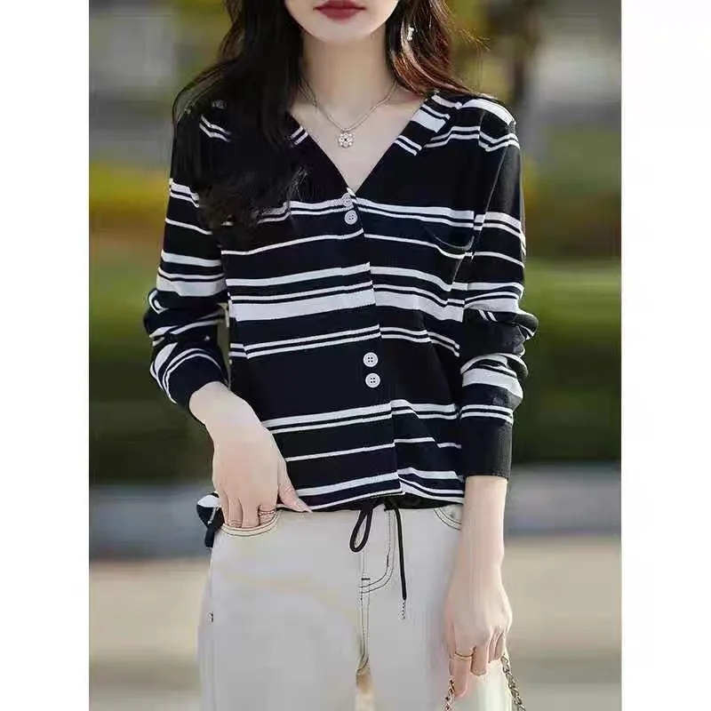 Женская одежда полосатые вязаные топы осень-зима новый трикотаж с капюшоном