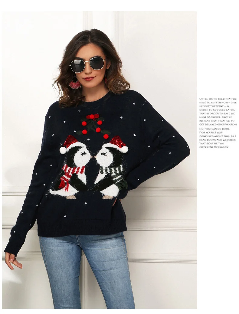 Women Clothes Women Sweater Top Small Penguin Jacquard Loose Long Sleeved Sweater Pullover Christmas Sweater Women Outfits