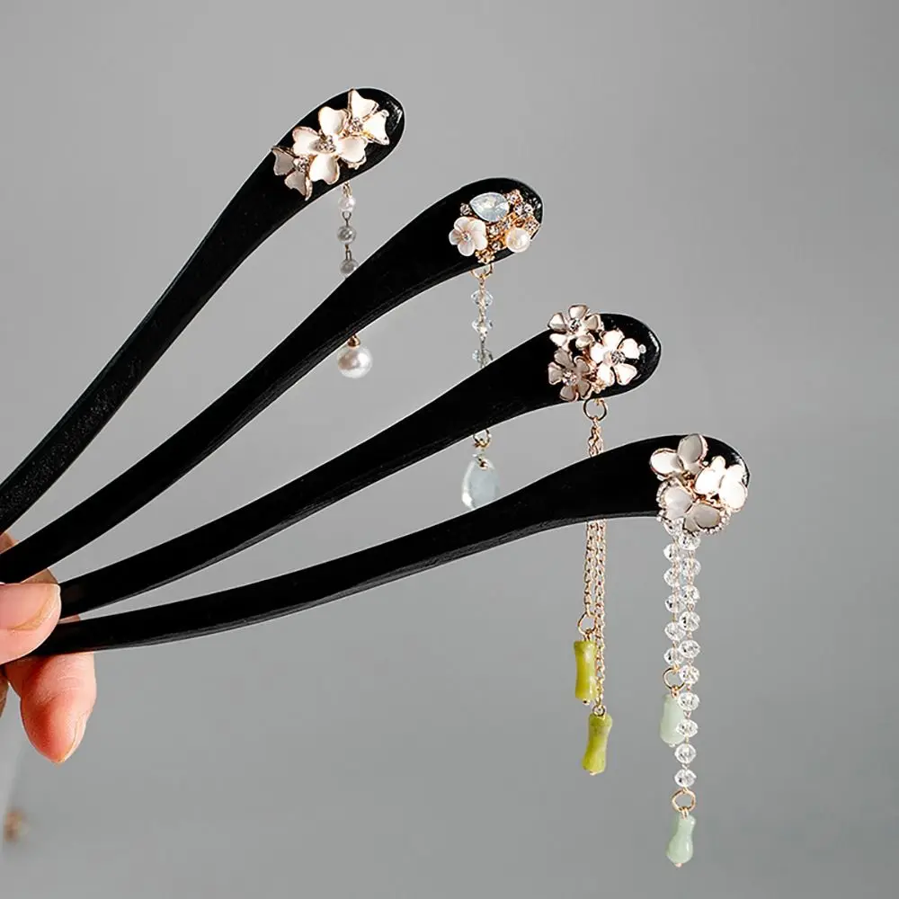 

Chinese Style Flower Tassels Black Hair Stick For Women Hairpins Carved Wood Hair Fork Vintage Hanfu Headwear Hair Accessories