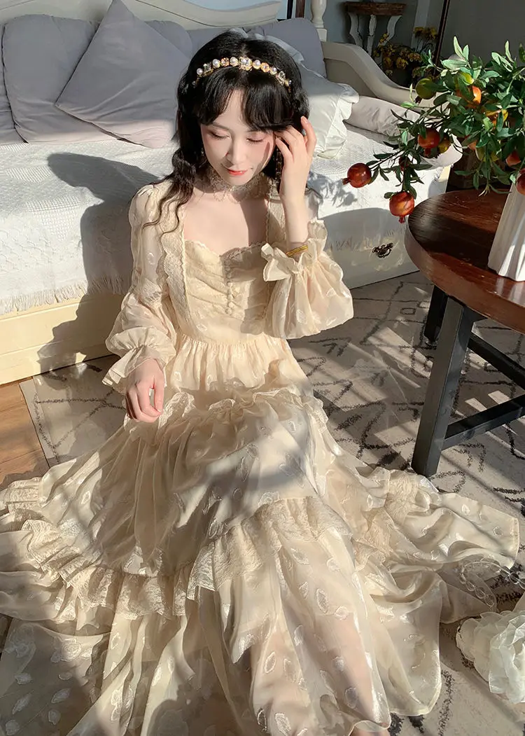 

Court Vintage Fairy Dress Women Sweet Ruffles High Waist Elegant Princess Dress Female 2023 Summer Casual Classy Party Dress New