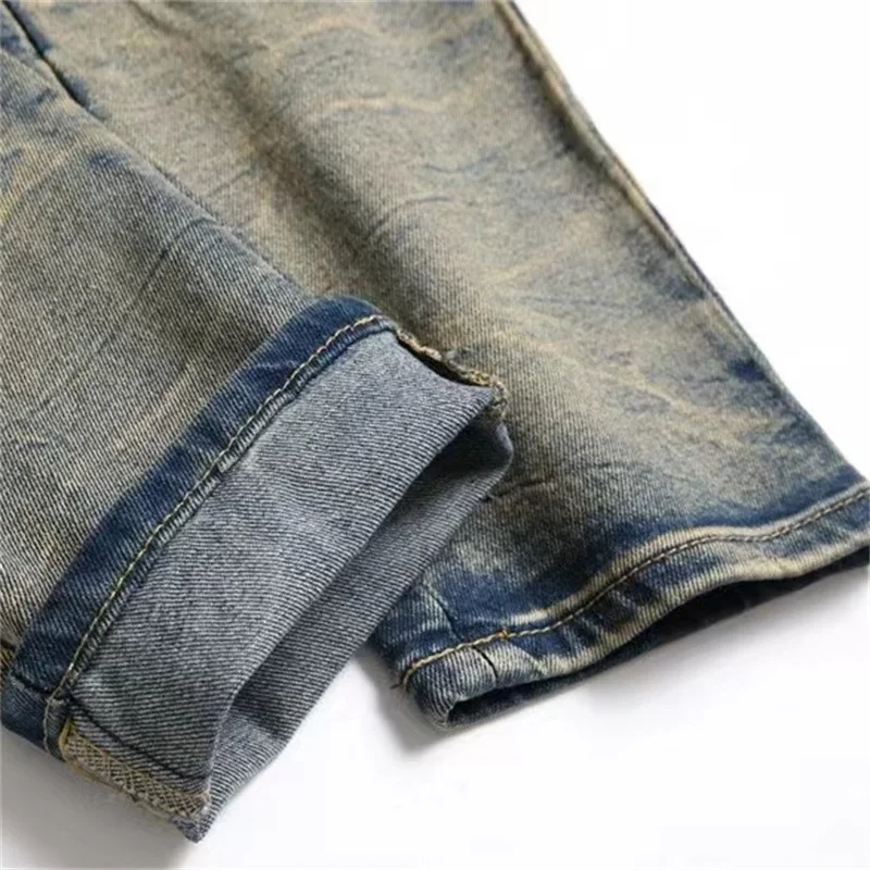 Seasonal Embroidered Jeans for Men Slim Fit Splicing Micro Seal LO Elastic Slim Fit High Street Tears Scratched Luxury Straight