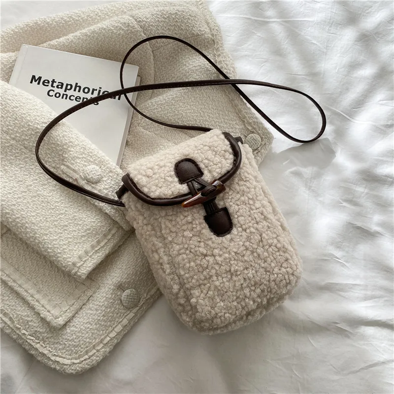 

Korean Style Winter Women Mini Lamb Cashmere Cell Phone Sling Shoulder Bag Girls Plush Phone Crossbody Purse