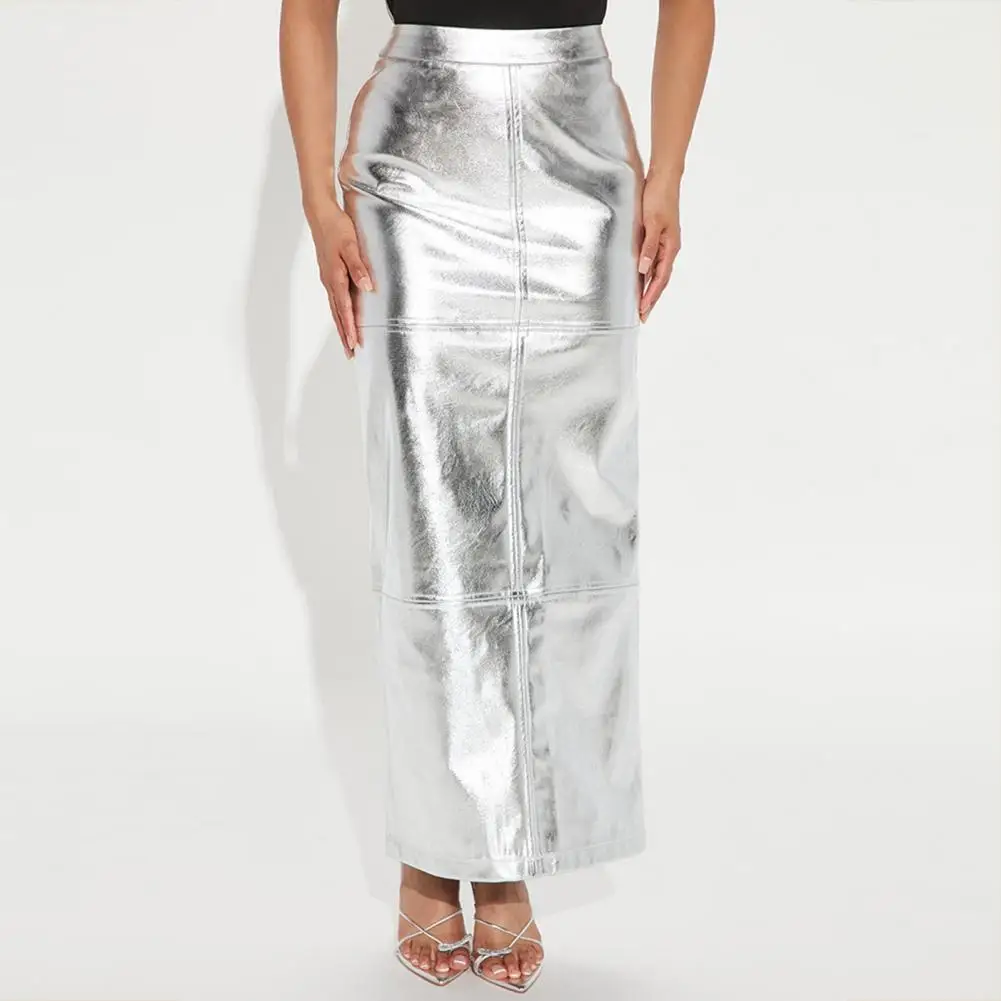 

Women Sparkly Surface Maxi Skirt Shimmering Elegance High-waisted Maxi Skirt with Back Split Hidden Zipper Slim Fit A Addition