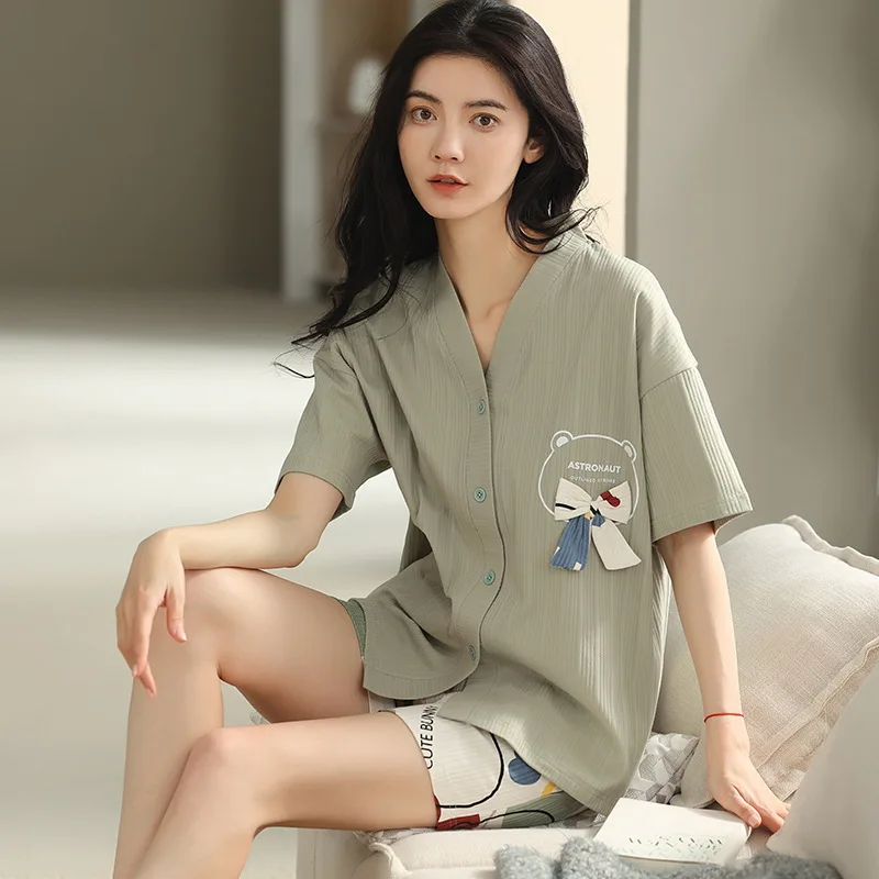 Summer Pajamas Set For Women Cotton Kimono Home Clothes New 2022 Kawaii Anime Pijama Mujer Short Sleeve Nightwear For Young Girl