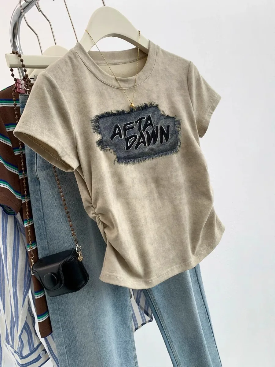 American vintage round Neck Short sleeve T-shirt Women 2024 Summer New Pure Desire Sle Gyaru Chic Small Top Ins