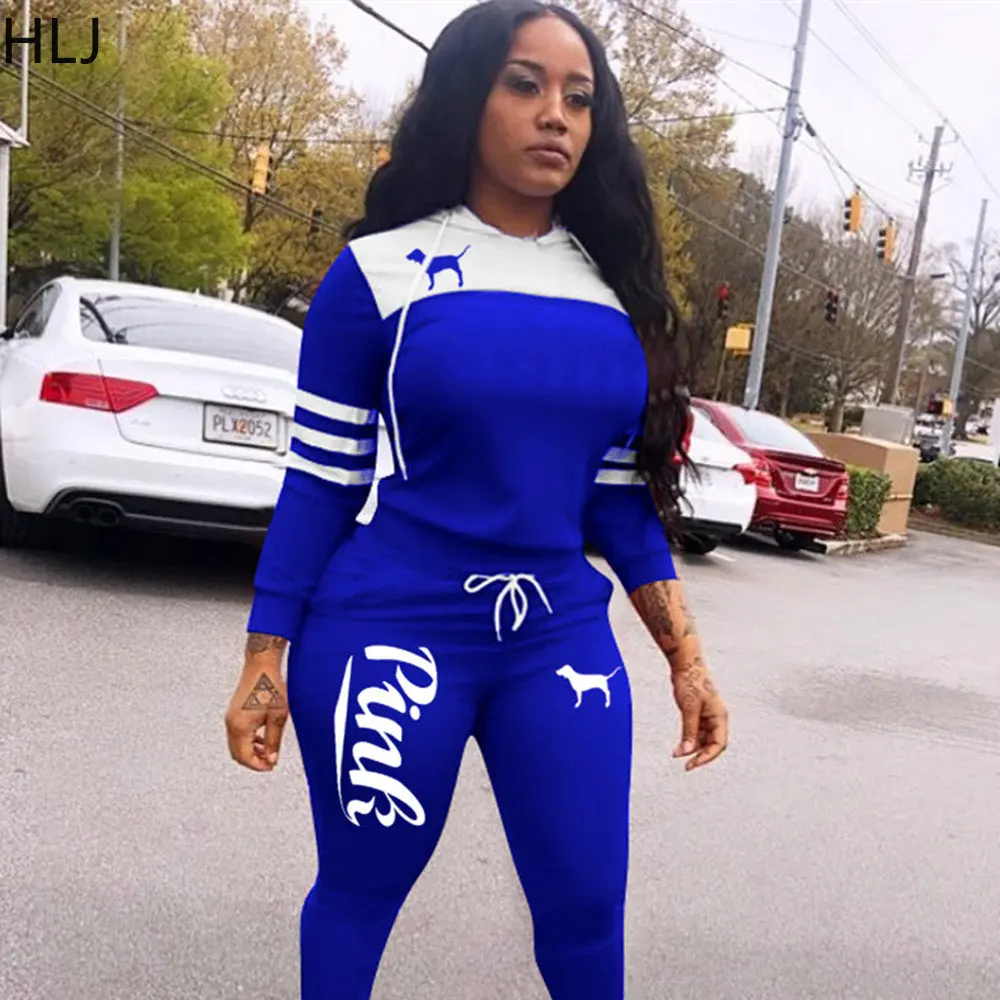 

HLJ Fashion Street Style Clothing Women PINK Letter Print Long Sleeve Top And Pants Two Piece Sets Casual Hooded Sporty Outfits