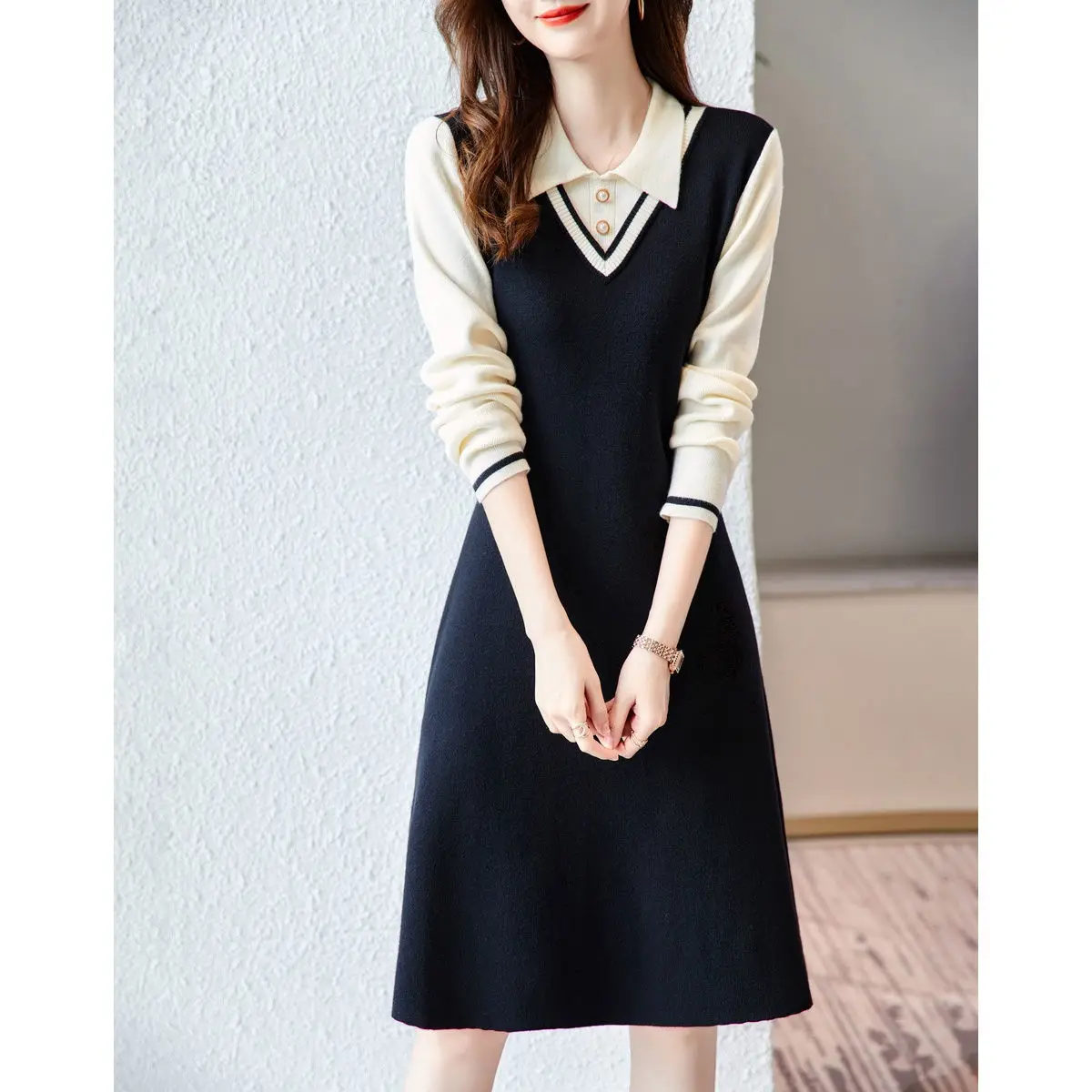 

2022 Women's Autumn Winter New Contrast Color Knit Dress Female Long Sleeve Sweater Dresses Ladies Casual A-line Vestidos Q289