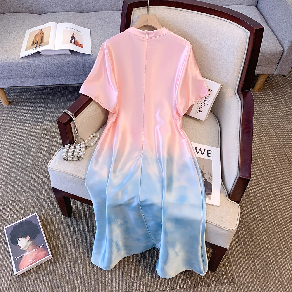 Женское атласное длинное платье с коротким рукавом синее китайское свободное