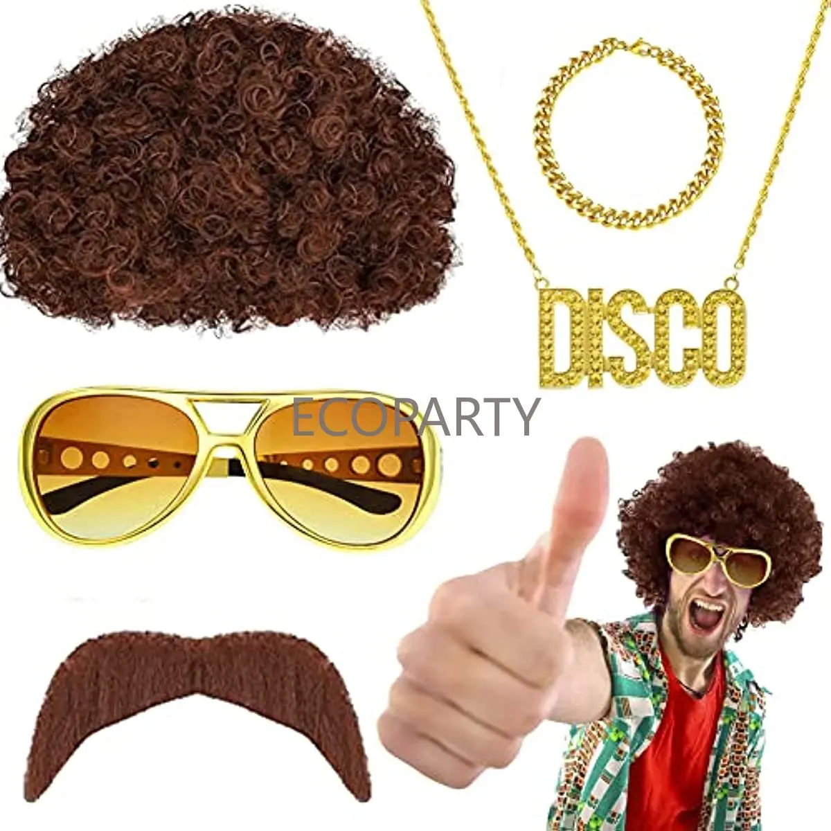 

Disco Hippie Costume Hippy Fancy Dress Accessories, 60s 70s 80s Afro Hippy Wig/ Hippie Funky Sunglasses Necklace Mustache Stick