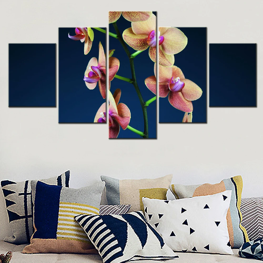 

5 Pieces Canvas Wall Arts Flowers Orchid flowers Blue Background Wallpaper Modern Home Decor Poster Artwork Living Room Image
