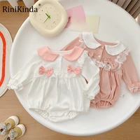 rinikinda 2022 autumn newborn baby girl bodysuits long sleeve cotton baby clothes bow lace fashion cute baby rompers