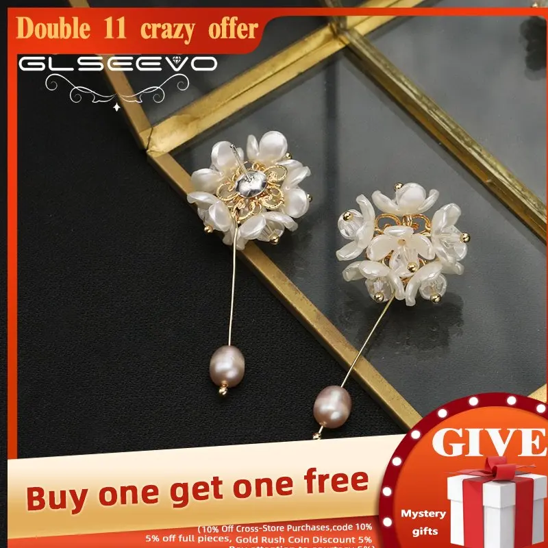 

GLSEEVO Natural pearl Flowers Pendant Earrings for Woman Korean Fashion Jewelry Unusual Accessories Girls