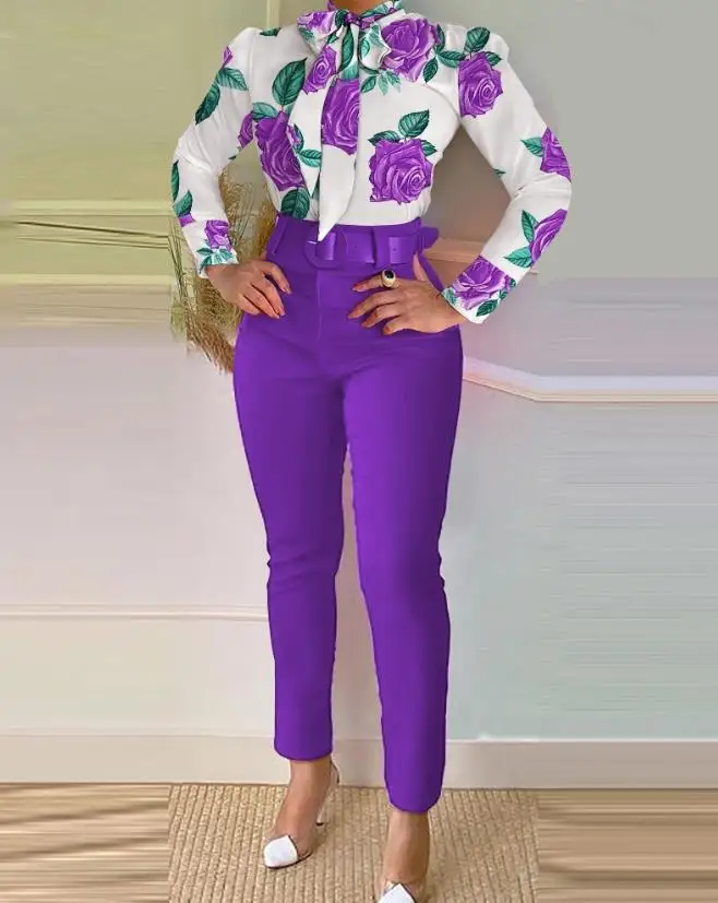 

Женский офисный комплект из двух предметов, повседневный топ с цветочным принтом и завязками на шее и Модные узкие брюки с высокой талией и ...