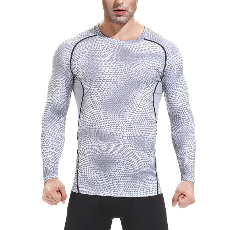 LU Snake Print Gym T-shirt Long Sleeve Crew Neck Quick Drying Shirt Fitness Men Breathable Sports Compression Shirt Training