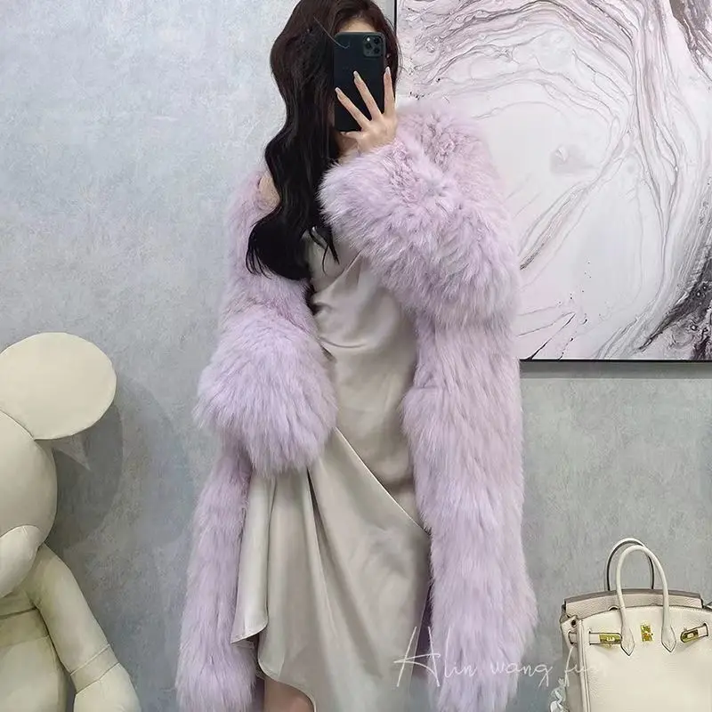 2022 Autumn And Winter New Fashion Temperament Outer Loose V-neck Knitted Mid-length Faux Fur Coat Women