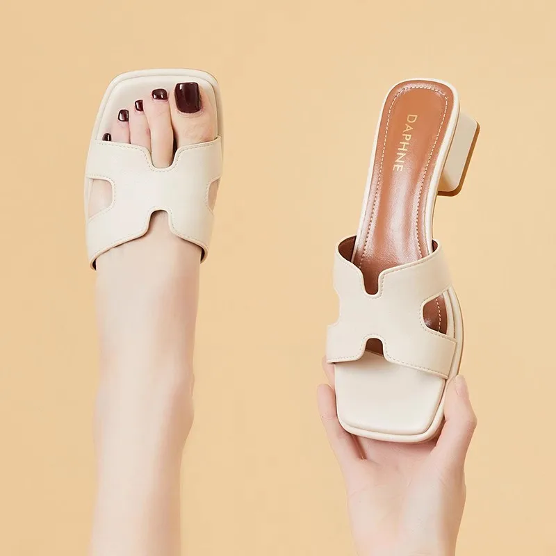 Women's Sandals Summer 2023 Elegant Woman Shoes With Medium Heels Beach Slingbacks Square Heel Pumps Office Half Drag One Word