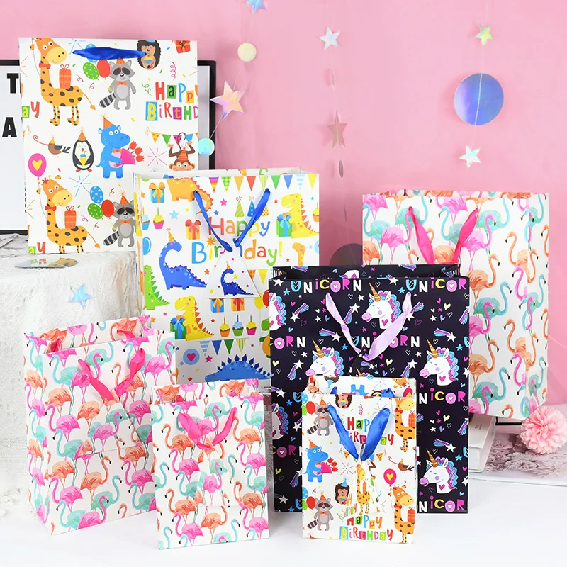 

5Pcs Flamingo Happy Birthday Candy Gift Bags Unicorn Wedding Favor Gift Packing Bag For Jungle Dino Birthday Hawaii Party Supply