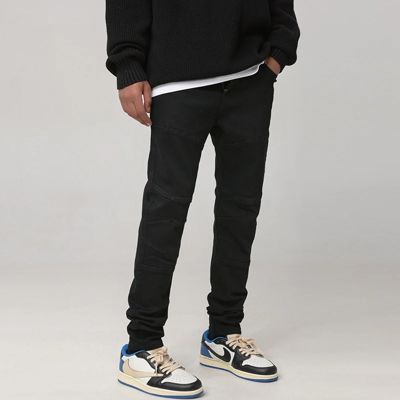 High Street Fashion Men Jeans Black Elastic Slim Fit Spliced Designer Biker Jeans Men Stretch Trousers Hip Hop Punk Pants Hombre