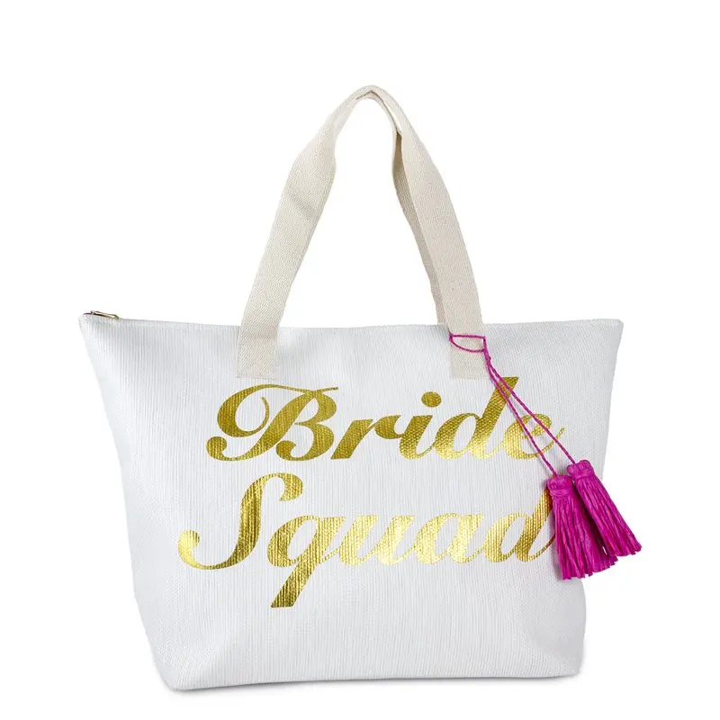 

2023 NEW Women`s Paper Straw Insulated Beach Bride Squad Tote with Gold Metallic Letters travel bag