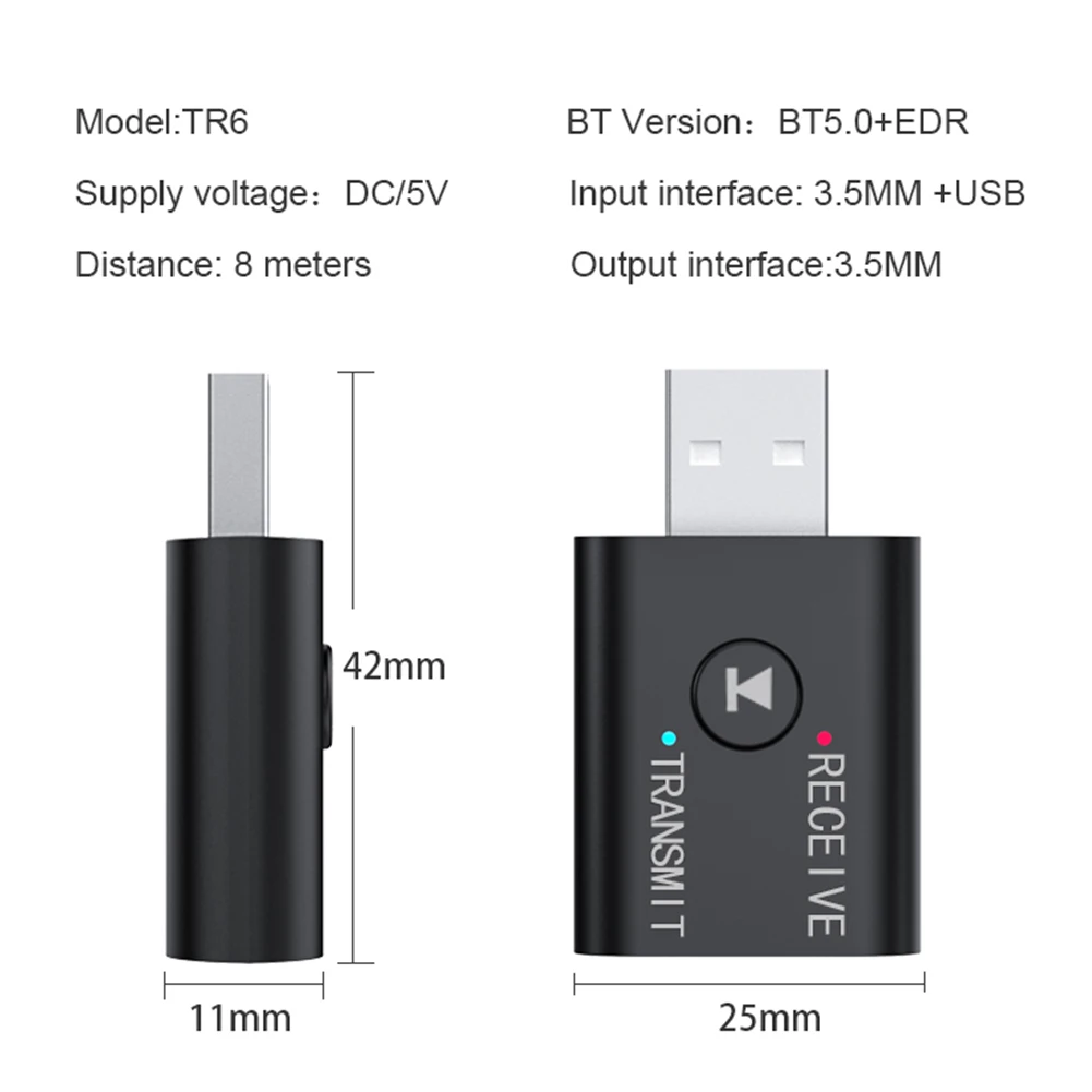 Mini USB Blue tooth 5.0 Transmitter Receiver 3.5mm AUX Jack Music Stereo BT Dongle Wireless Adapter Car Kit for TV PC images - 6