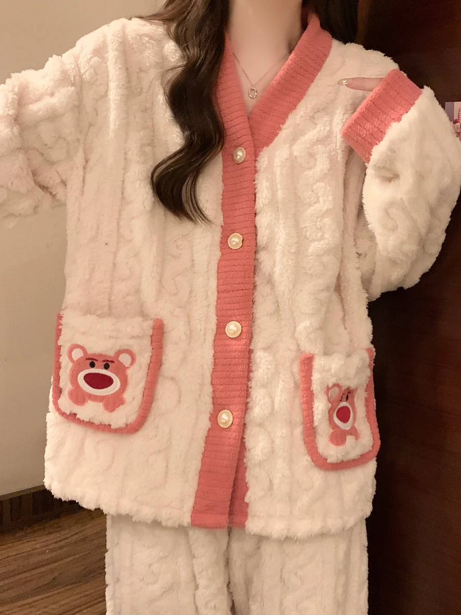 Интернет-знаменитости пижамы из кораллового флиса с клубничным медведем женские