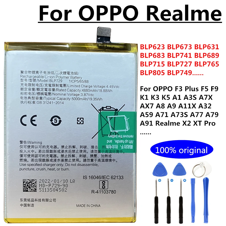 

Original for Oppo F3 Plus F5 F9 K1 K3 K5 A1 A3S A7X AX7 A8 A9 A11X A32 A59 A71 A73S A77 A79 A91 Realme X2 XT Pro BLP749 Battery