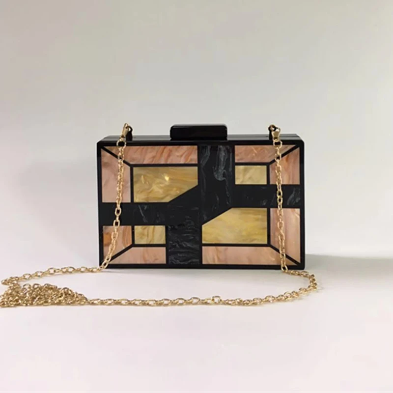

Vintage Labyrinth Acrylic Clutch Women Handbag For Wedding Bagnquet Party Geometric Patchwork Purse Chain Crossbody Brand Bags